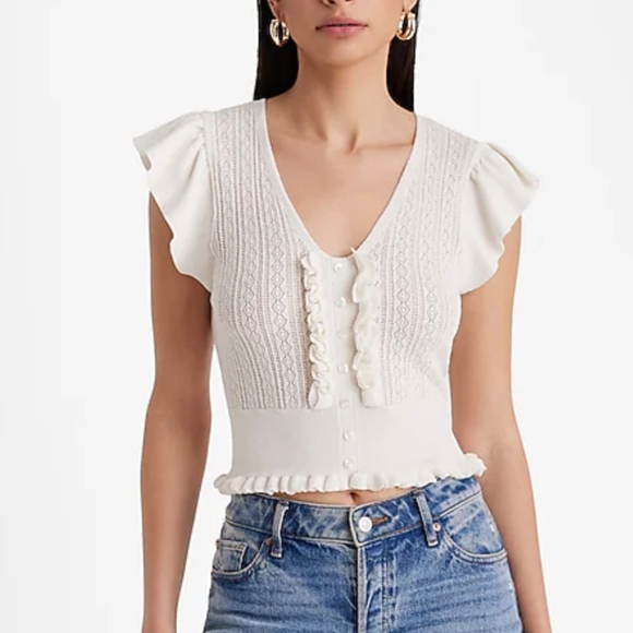 Express White Ruffled Women's Knit Top Sz XL - Picture 2 of 10